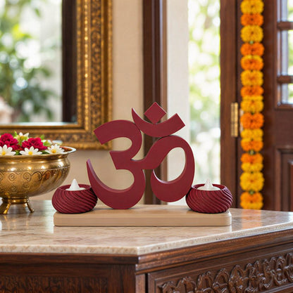 Small OM Stand with Twin Diyas — on an entrance console