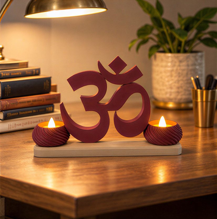Small OM Stand with Twin Diyas — on a study desk